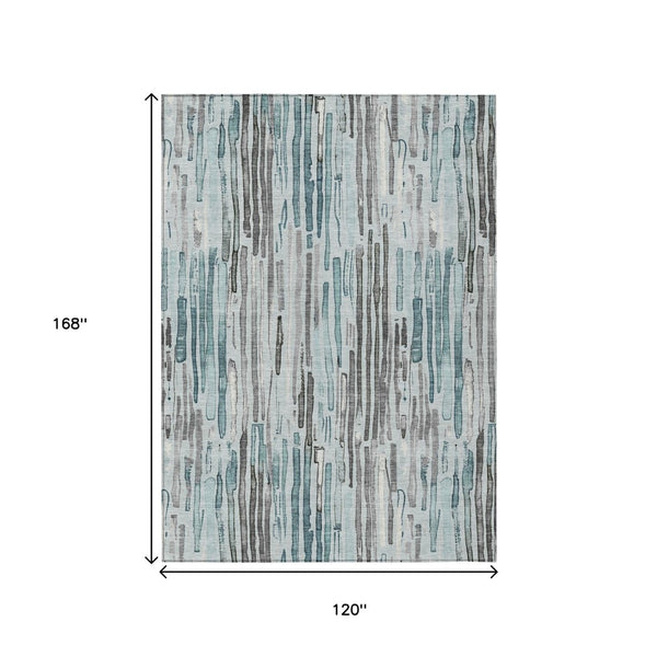 HomeRoots 5' Durable Teal Blue and Gray Striped Area Rug - Stylish, Washable, Indoor & Outdoor Comfort Solution 10' X 14' 617703