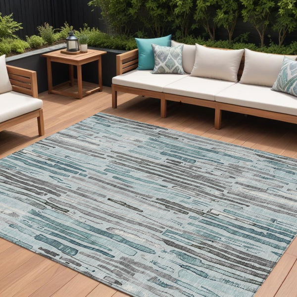 HomeRoots 5' Durable Teal Blue and Gray Striped Area Rug - Stylish, Washable, Indoor & Outdoor Comfort Solution 10' X 14' 617703