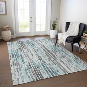 HomeRoots 5' Durable Teal Blue and Gray Striped Area Rug - Stylish, Washable, Indoor & Outdoor Comfort Solution 10' X 14' 617703