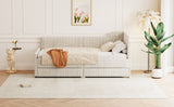 English Elm Twin Size L-Shaped Corduroy Daybed,Upholstered Bed Frame With 2 Storage Drawers, Beige