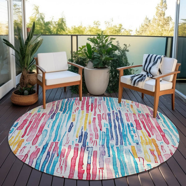 HomeRoots 5' Vibrant Striped Washable Area Rug – Perfect for Indoor & Outdoor Use, Stain-Resistant, Durable Design 8' Round 617706
