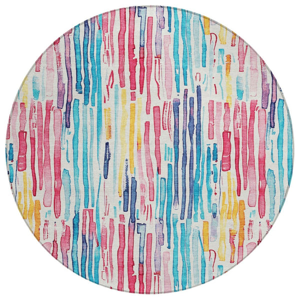 HomeRoots 5' Vibrant Striped Washable Area Rug – Perfect for Indoor & Outdoor Use, Stain-Resistant, Durable Design 8' Round 617706