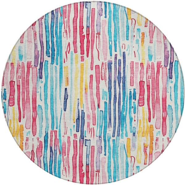 HomeRoots 5' Vibrant Striped Washable Area Rug – Perfect for Indoor & Outdoor Use, Stain-Resistant, Durable Design 8' Round 617706