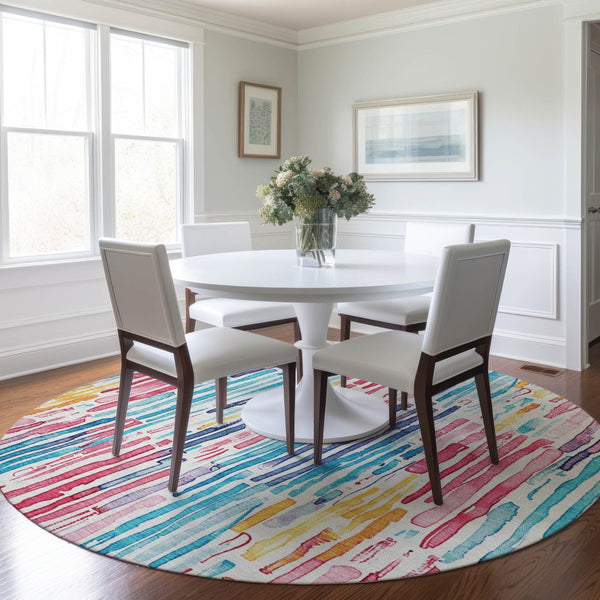 HomeRoots 5' Vibrant Striped Washable Area Rug – Perfect for Indoor & Outdoor Use, Stain-Resistant, Durable Design 8' Round 617706