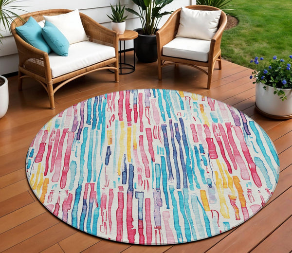 HomeRoots 5' Vibrant Striped Washable Area Rug – Perfect for Indoor & Outdoor Use, Stain-Resistant, Durable Design 8' Round 617706