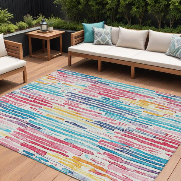 HomeRoots 5' Vibrant Striped Washable Area Rug – Perfect for Indoor & Outdoor Use, Stain-Resistant, Durable Design 10' X 14' 617709