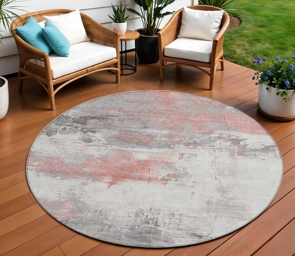 HomeRoots 5' Coral and Gray Abstract Area Rug - Stylish, Washable, Durable for Indoor and Outdoor Spaces 8' Round 617718