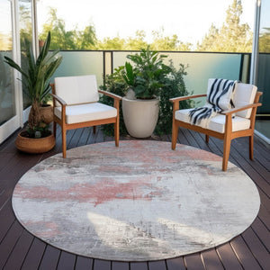 HomeRoots 5' Coral and Gray Abstract Area Rug - Stylish, Washable, Durable for Indoor and Outdoor Spaces 8' Round 617718