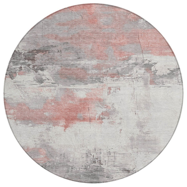 HomeRoots 5' Coral and Gray Abstract Area Rug - Stylish, Washable, Durable for Indoor and Outdoor Spaces 8' Round 617718