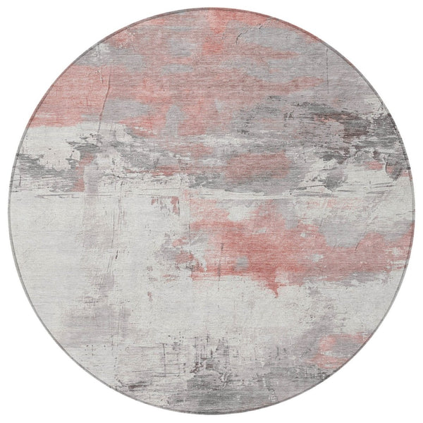HomeRoots 5' Coral and Gray Abstract Area Rug - Stylish, Washable, Durable for Indoor and Outdoor Spaces 8' Round 617718