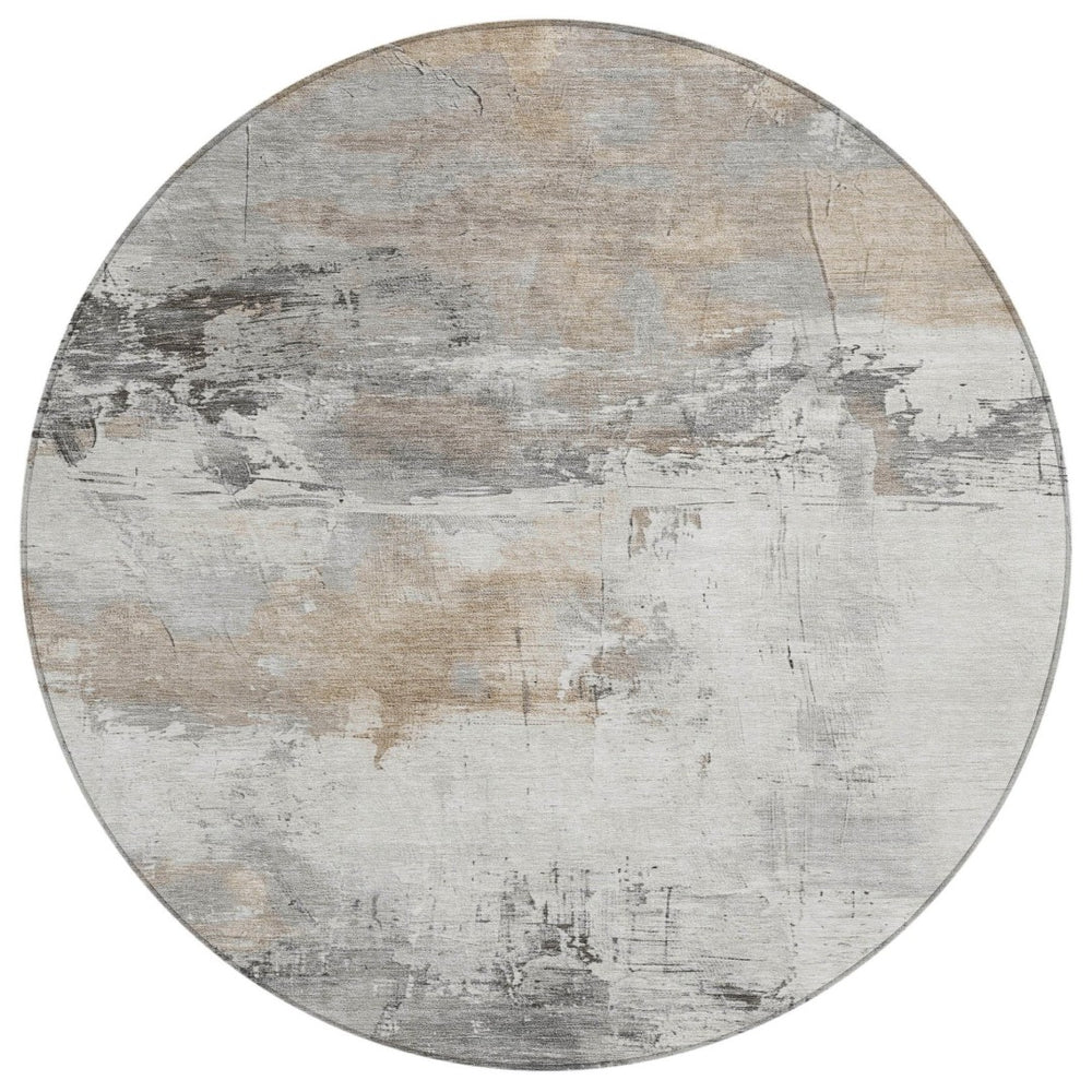 HomeRoots 5' Abstract Ivory and Gray Washable Area Rug for Indoor and Outdoor Use, Durable and Stylish Design 8' Round 617736