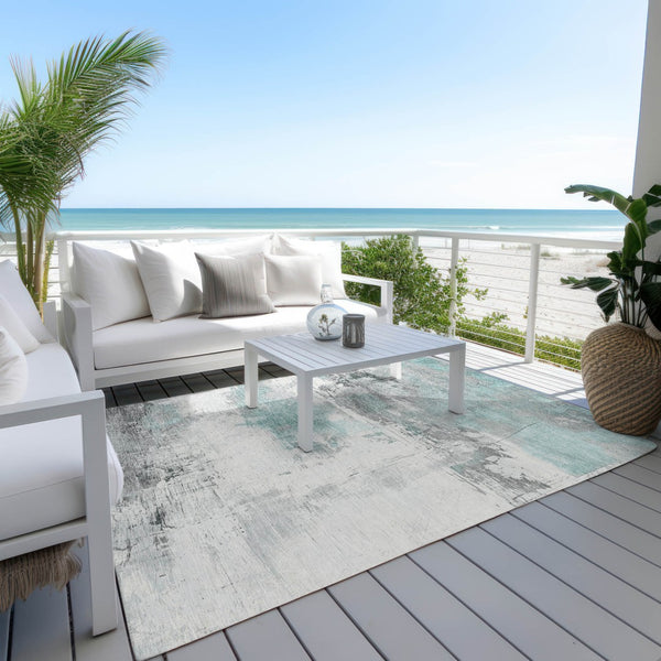 HomeRoots 5' Teal Blue and Gray Abstract Area Rug - Modern, Washable Indoor-Outdoor Design for Versatile Spaces 5' X 8' 617741