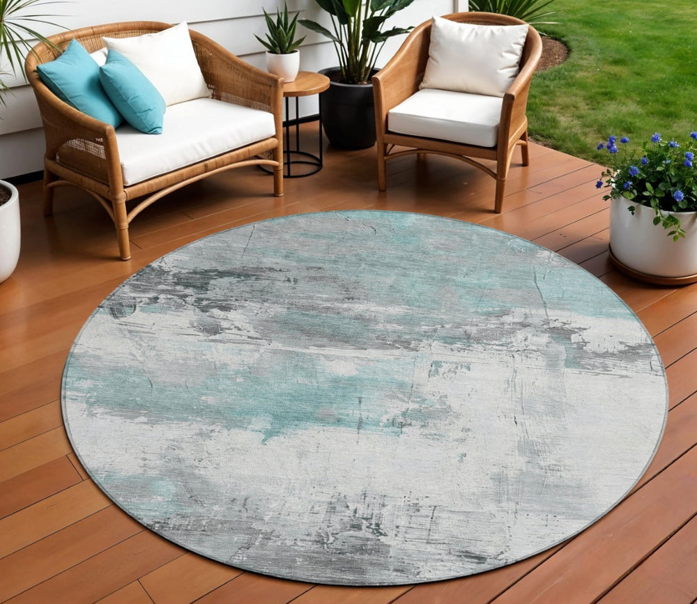 HomeRoots 5' Teal Blue and Gray Abstract Area Rug - Modern, Washable Indoor-Outdoor Design for Versatile Spaces 8' Round 617742