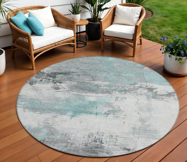 HomeRoots 5' Teal Blue and Gray Abstract Area Rug - Modern, Washable Indoor-Outdoor Design for Versatile Spaces 8' Round 617742