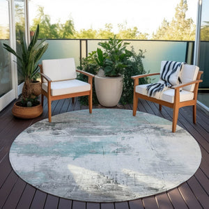 HomeRoots 5' Teal Blue and Gray Abstract Area Rug - Modern, Washable Indoor-Outdoor Design for Versatile Spaces 8' Round 617742