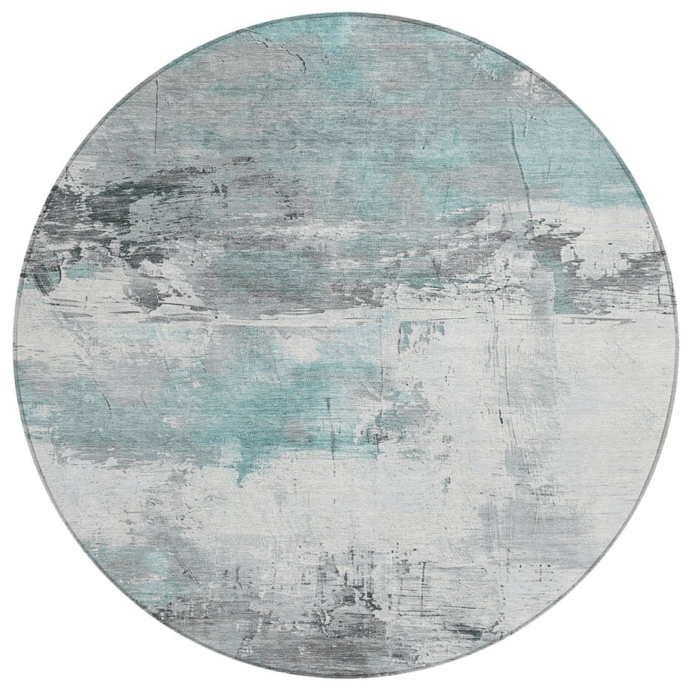 HomeRoots 5' Teal Blue and Gray Abstract Area Rug - Modern, Washable Indoor-Outdoor Design for Versatile Spaces 8' Round 617742