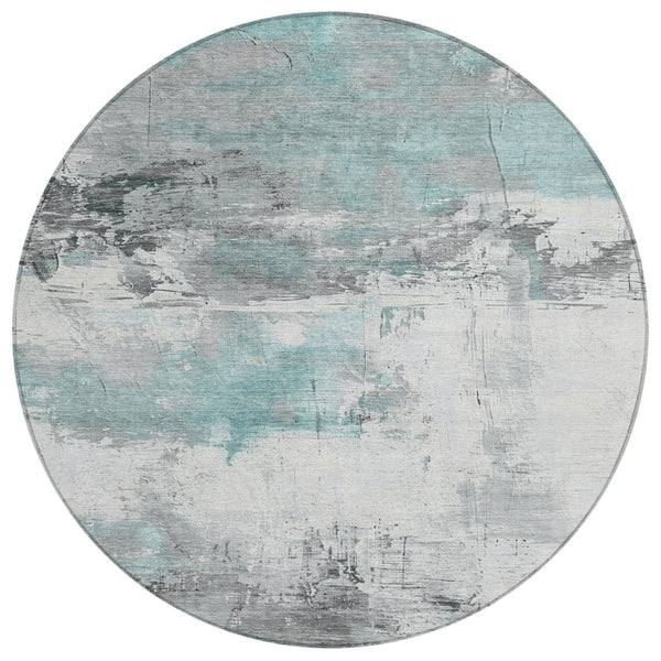 HomeRoots 5' Teal Blue and Gray Abstract Area Rug - Modern, Washable Indoor-Outdoor Design for Versatile Spaces 8' Round 617742