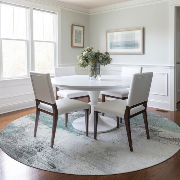HomeRoots 5' Teal Blue and Gray Abstract Area Rug - Modern, Washable Indoor-Outdoor Design for Versatile Spaces 8' Round 617742