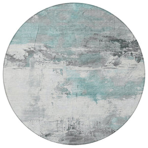 HomeRoots 5' Teal Blue and Gray Abstract Area Rug - Modern, Washable Indoor-Outdoor Design for Versatile Spaces 8' Round 617742