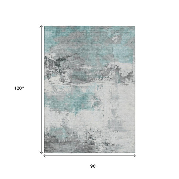 HomeRoots 5' Teal Blue and Gray Abstract Area Rug - Modern, Washable Indoor-Outdoor Design for Versatile Spaces 8' X 10' 617743