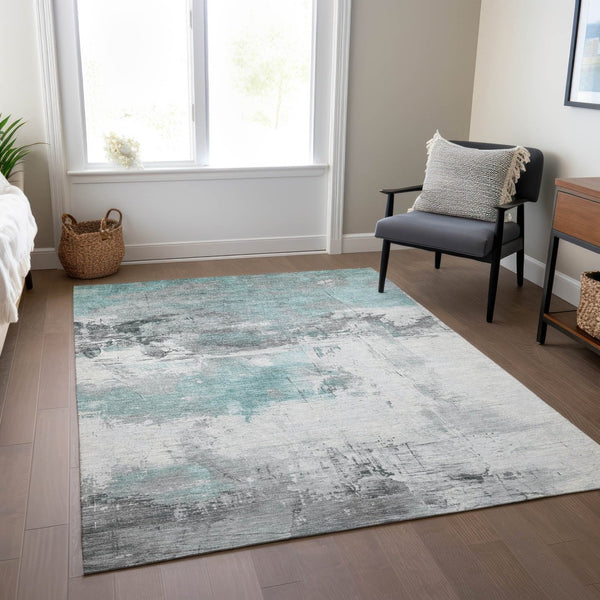 HomeRoots 5' Teal Blue and Gray Abstract Area Rug - Modern, Washable Indoor-Outdoor Design for Versatile Spaces 8' X 10' 617743