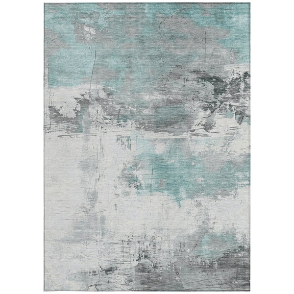 HomeRoots 5' Teal Blue and Gray Abstract Area Rug - Modern, Washable Indoor-Outdoor Design for Versatile Spaces 10' X 14' 617745