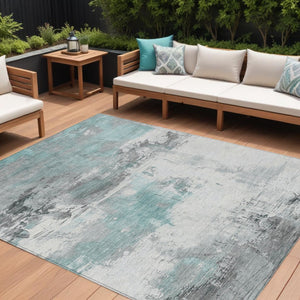 HomeRoots 5' Teal Blue and Gray Abstract Area Rug - Modern, Washable Indoor-Outdoor Design for Versatile Spaces 10' X 14' 617745