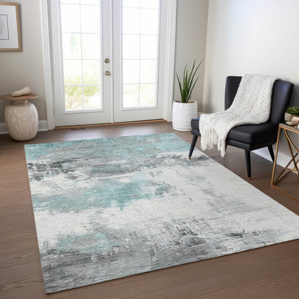 HomeRoots 5' Teal Blue and Gray Abstract Area Rug - Modern, Washable Indoor-Outdoor Design for Versatile Spaces 10' X 14' 617745