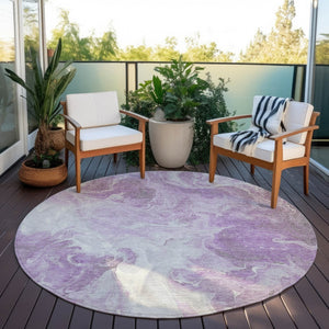 HomeRoots 5' Modern Lavender and Ivory Abstract Area Rug - Washable, Durable for Indoor and Outdoor Spaces 8' Round 617784