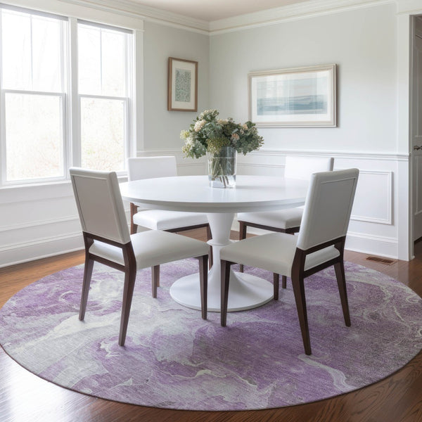 HomeRoots 5' Modern Lavender and Ivory Abstract Area Rug - Washable, Durable for Indoor and Outdoor Spaces 8' Round 617784