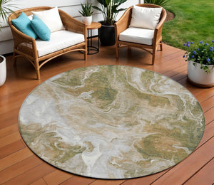 HomeRoots 5' Modern Brown and Ivory Abstract Area Rug - Washable, Durable for Indoor and Outdoor Spaces 8' Round 617790