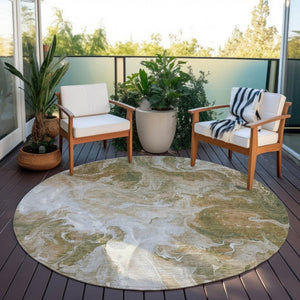 HomeRoots 5' Modern Brown and Ivory Abstract Area Rug - Washable, Durable for Indoor and Outdoor Spaces 8' Round 617790