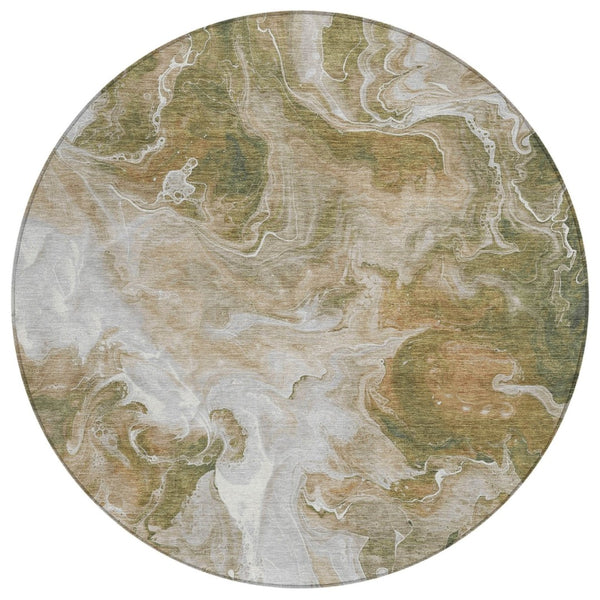 HomeRoots 5' Modern Brown and Ivory Abstract Area Rug - Washable, Durable for Indoor and Outdoor Spaces 8' Round 617790