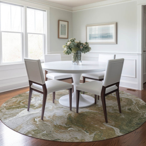 HomeRoots 5' Modern Brown and Ivory Abstract Area Rug - Washable, Durable for Indoor and Outdoor Spaces 8' Round 617790