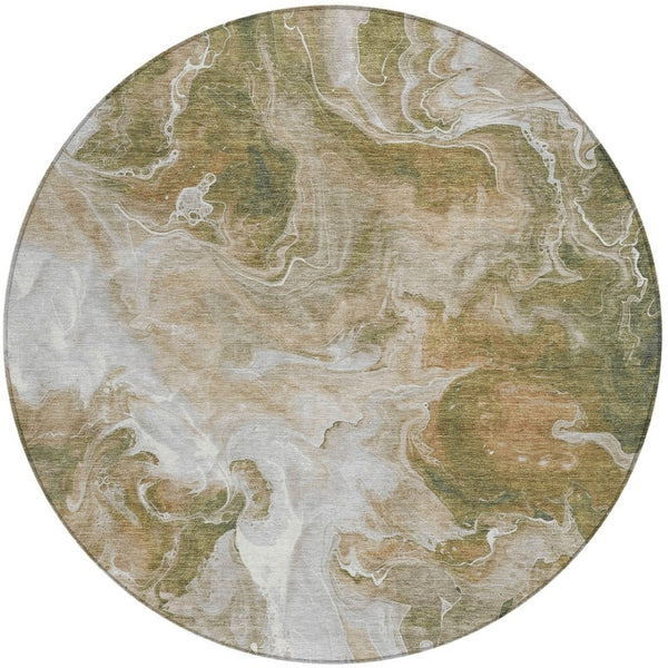 HomeRoots 5' Modern Brown and Ivory Abstract Area Rug - Washable, Durable for Indoor and Outdoor Spaces 8' Round 617790