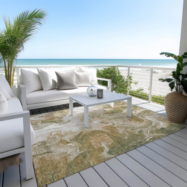 HomeRoots 5' Modern Brown and Ivory Abstract Area Rug - Washable, Durable for Indoor and Outdoor Spaces 10' X 14' 617793