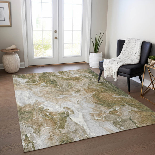 HomeRoots 5' Modern Brown and Ivory Abstract Area Rug - Washable, Durable for Indoor and Outdoor Spaces 10' X 14' 617793