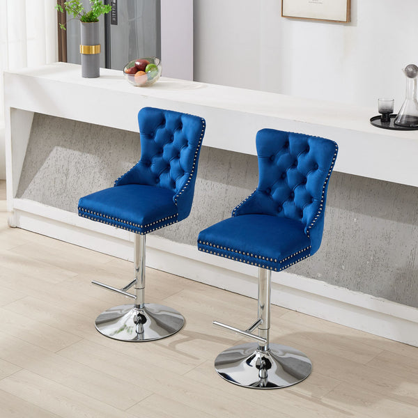 English Elm Thick Velvet Swivel Barstools with 17.7" Chrome Base, Tufted Diamond Pleating, Comfort Foam Seats Blue W1143P335044