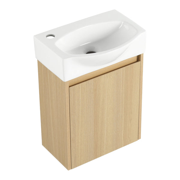 English Elm 16" Bathroom Vanity Sink Combo for Small Spaces — Compact Engineered Wood Cabinet with Ceramic Basin, Moisture-Resistant Finish and Hidden Handle, Easy Assembly Oak W1972P190339