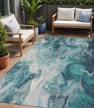 HomeRoots 5' Teal Blue and Ivory Abstract Area Rug – Stylish, Washable, Durable for Indoor and Outdoor Use 5' X 8' 617801