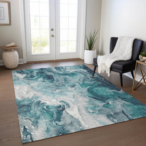HomeRoots 5' Teal Blue and Ivory Abstract Area Rug – Stylish, Washable, Durable for Indoor and Outdoor Use 5' X 8' 617801