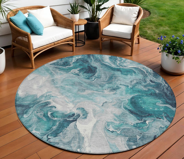 HomeRoots 5' Teal Blue and Ivory Abstract Area Rug – Stylish, Washable, Durable for Indoor and Outdoor Use 8' Round 617802