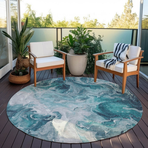 HomeRoots 5' Teal Blue and Ivory Abstract Area Rug – Stylish, Washable, Durable for Indoor and Outdoor Use 8' Round 617802