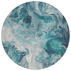 HomeRoots 5' Teal Blue and Ivory Abstract Area Rug – Stylish, Washable, Durable for Indoor and Outdoor Use 8' Round 617802