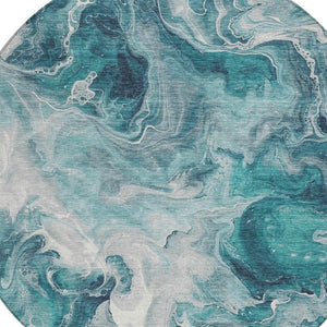 HomeRoots 5' Teal Blue and Ivory Abstract Area Rug – Stylish, Washable, Durable for Indoor and Outdoor Use 8' Round 617802