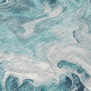 HomeRoots 5' Teal Blue and Ivory Abstract Area Rug – Stylish, Washable, Durable for Indoor and Outdoor Use 8' Round 617802