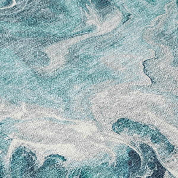 HomeRoots 5' Teal Blue and Ivory Abstract Area Rug – Stylish, Washable, Durable for Indoor and Outdoor Use 8' Round 617802