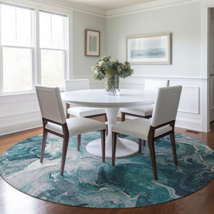 HomeRoots 5' Teal Blue and Ivory Abstract Area Rug – Stylish, Washable, Durable for Indoor and Outdoor Use 8' Round 617802