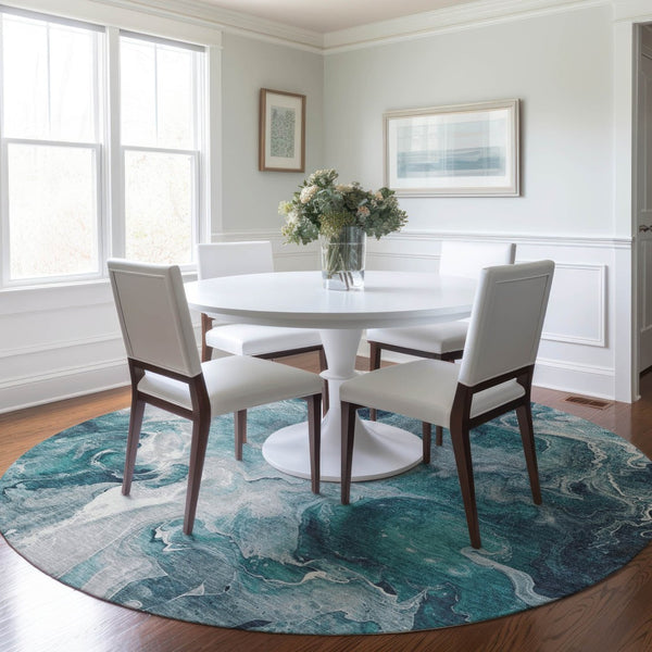 HomeRoots 5' Teal Blue and Ivory Abstract Area Rug – Stylish, Washable, Durable for Indoor and Outdoor Use 8' Round 617802