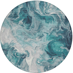 HomeRoots 5' Teal Blue and Ivory Abstract Area Rug – Stylish, Washable, Durable for Indoor and Outdoor Use 8' Round 617802